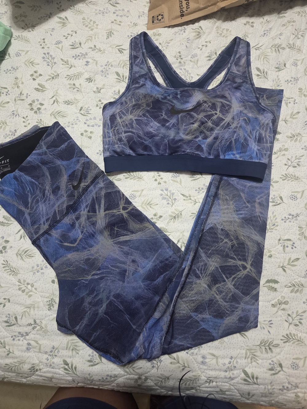 Nike Blue Marbled Racerback Sports Bra and Leggings Set